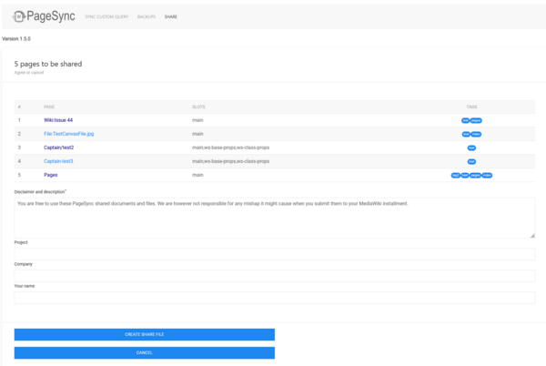 Screenshot PageSync create share file overview