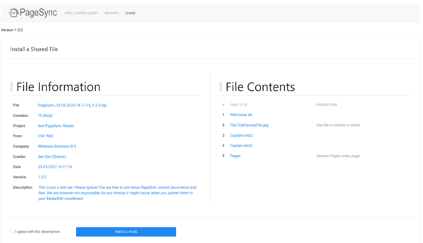 Information on the PageSync Share file you are about to install.